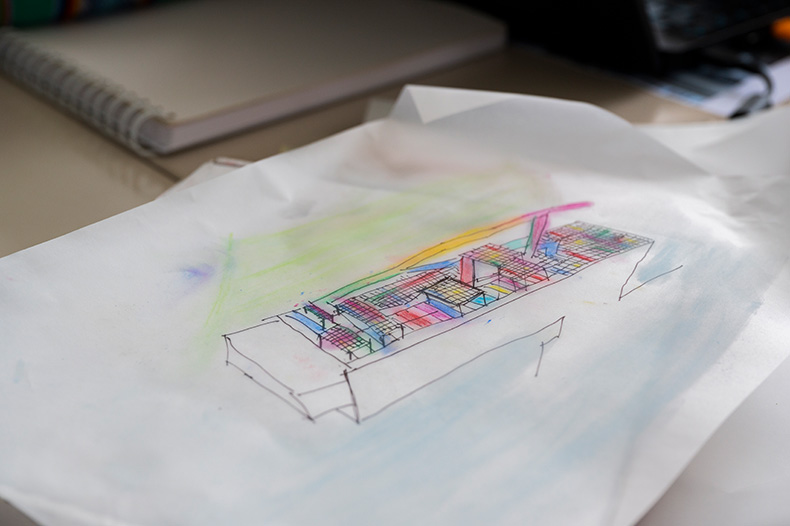 Skizze eines Entwurfsprojekts zum Werkstattgebäude des Bauhauses in Dessau