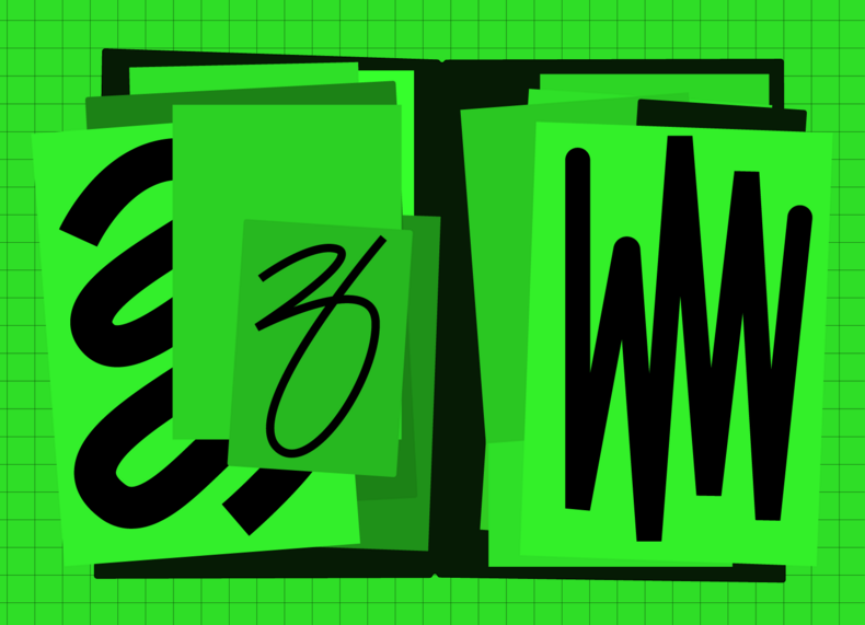 Vereinfachte Illustration einer aufgeschalgenen Mappe auf kariertem Grund. Papiere sind in lockeren Stapeln zu sehen.