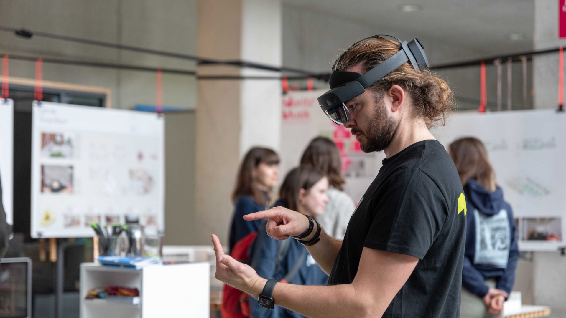 Person with VR headset playing around