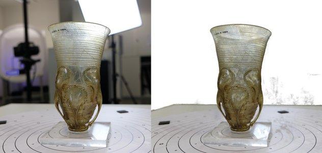 Vergleich einer Fotografie des Rüsselbechers (links) mit einem Rendering des 3DGS Modells (rechts) Vergleich einer Fotografie des Rüsselbechers (links) mit einem Rendering des 3DGS Modells (rechts)