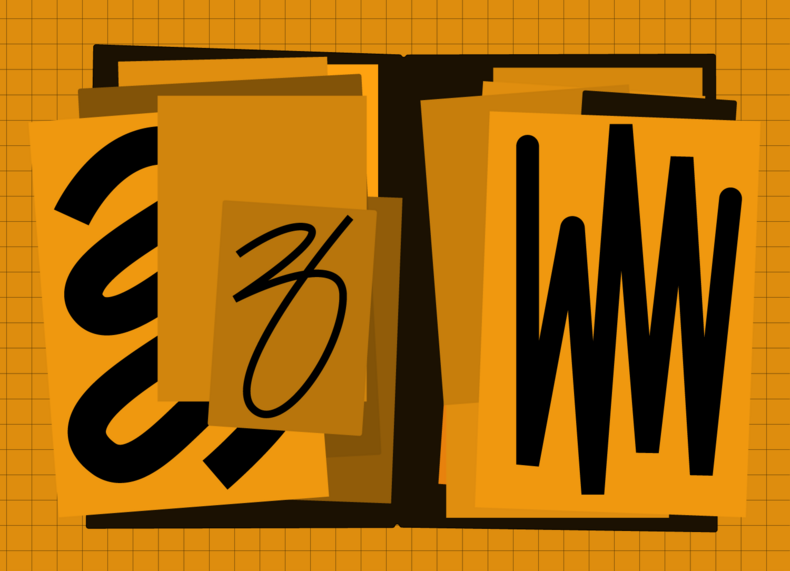 Vereinfachte Illustration einer aufgeschalgenen Mappe auf kariertem Grund. Papiere sind in lockeren Stapeln zu sehen.