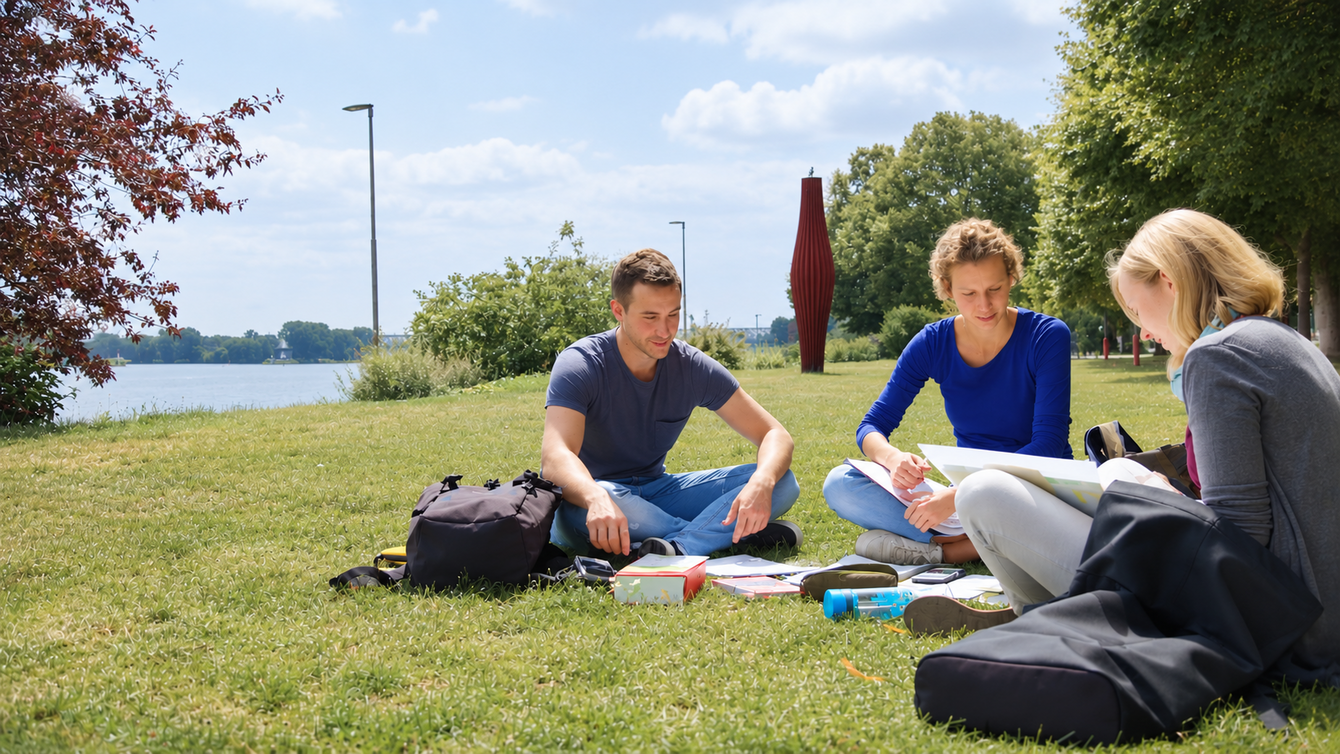 Studierende lernen gemeinsam am Rheinufer in Mainz.