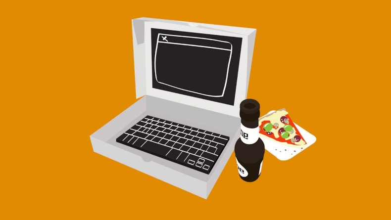 Illustration eines Laptops mit geöffneter Benutzeroberfläche sowie Pizza und Getränk. Das Motiv steht für das Usability Testessen, bei dem Teilnehmende digitale und analoge Produkte in lockerer Atmosphäre testen und Feedback geben.